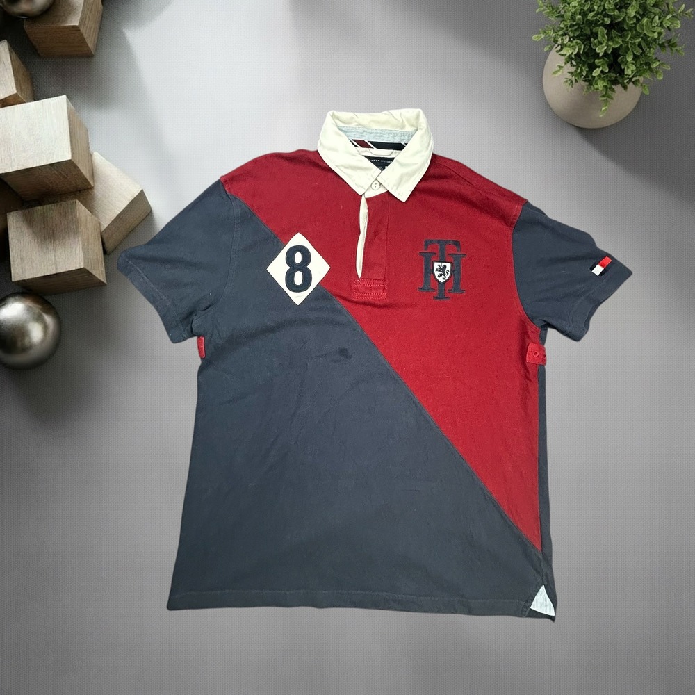 Vintage Tommy Hilfiger Rugby Shirt Colorblock Crest Navy Red Mens Large Y2K